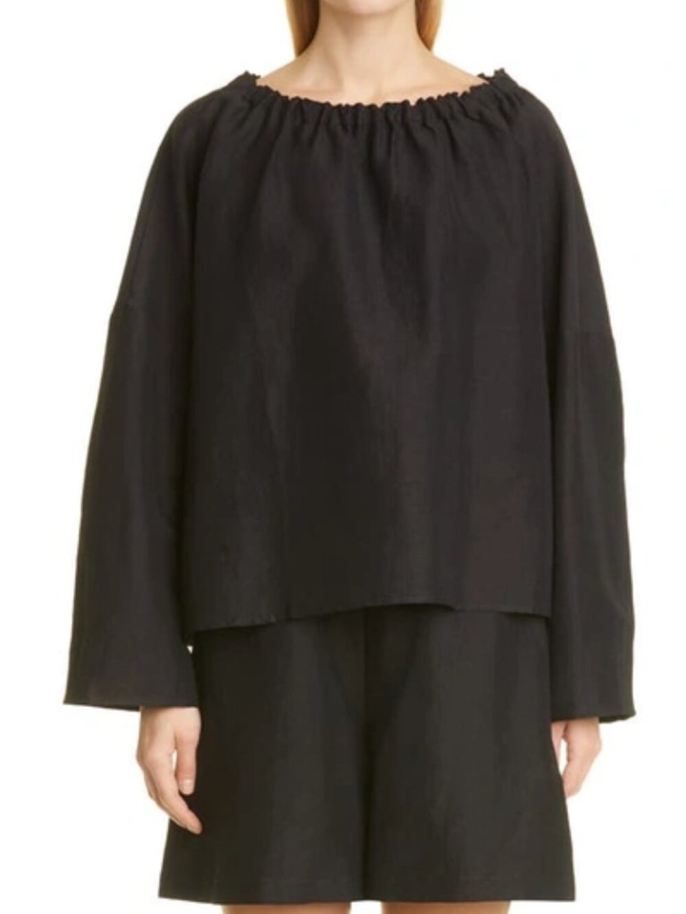 Toteme Stretch Linen Gathered Neck Blouse Black